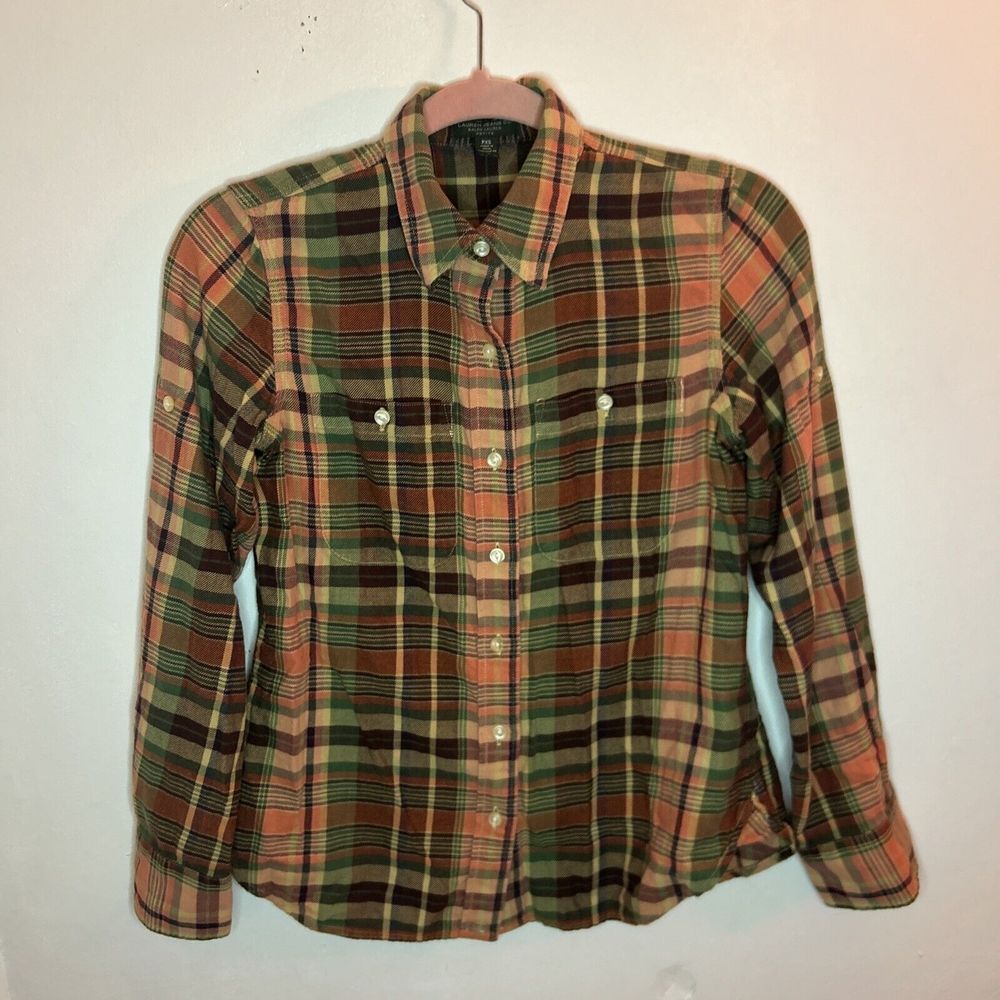 Lauren Ralph Lauren Women's Size PXS Shirt Green Brown Plaid Button-up Pockets